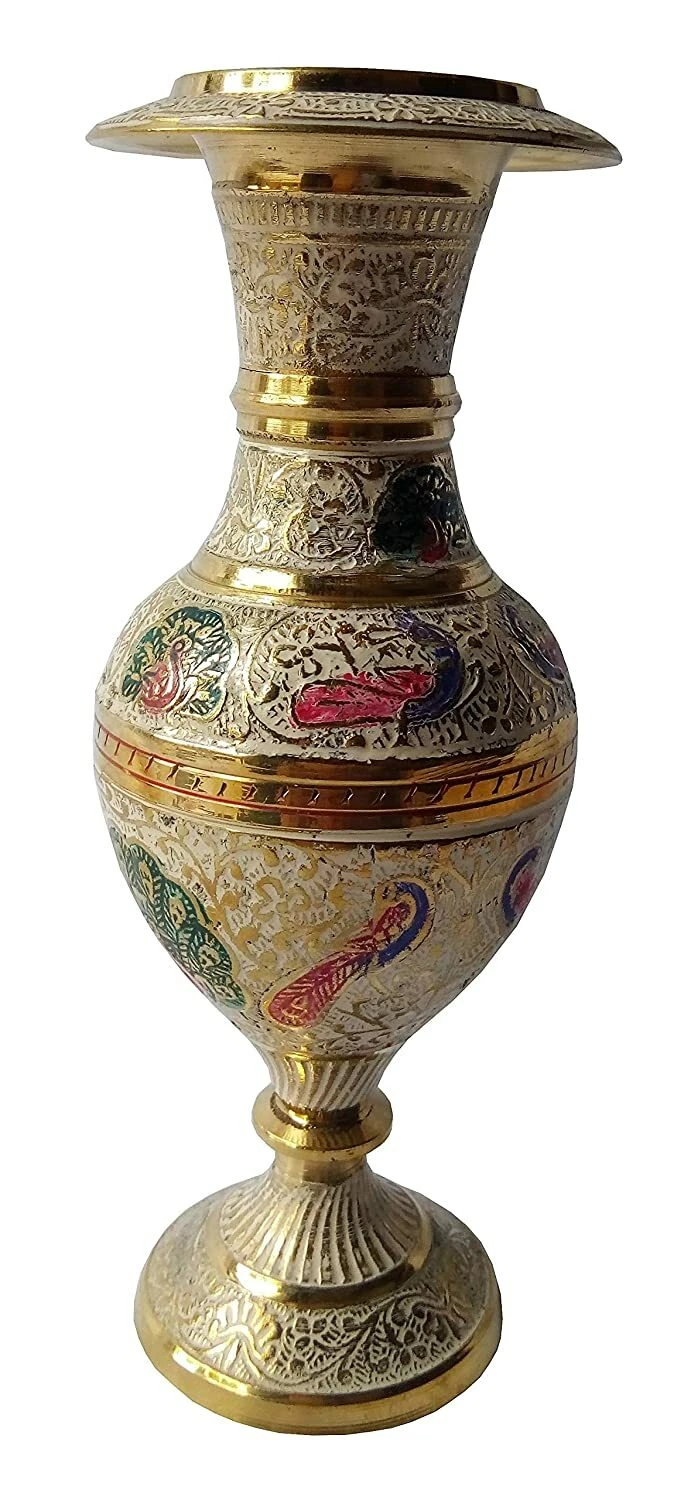 Jarrón De Flores De Latón Con Patrón Kashmiri Hecho A Mano 17 Cm Blanco