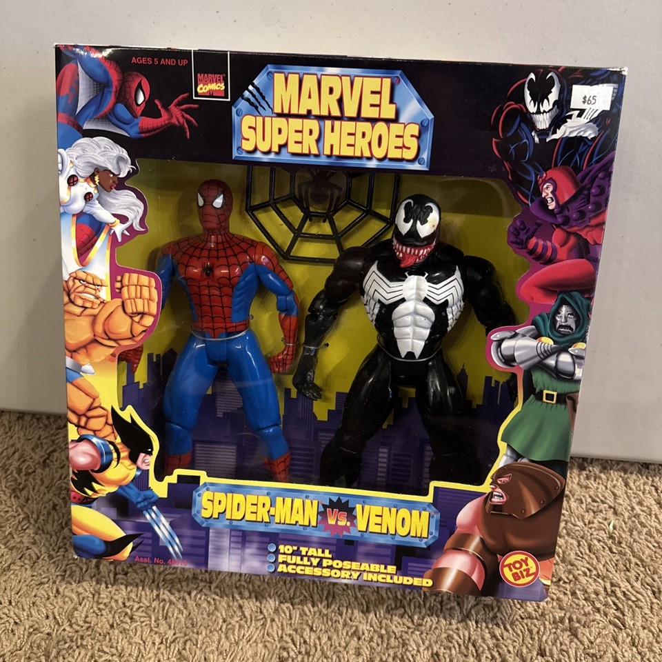 A 1994 ToyBiz Spider-Man vs. Venom 10" figure set still mint-in-box — a sealed piece of Marvel's pre-cinematic-universe golden age that serious collectors actively hunt.