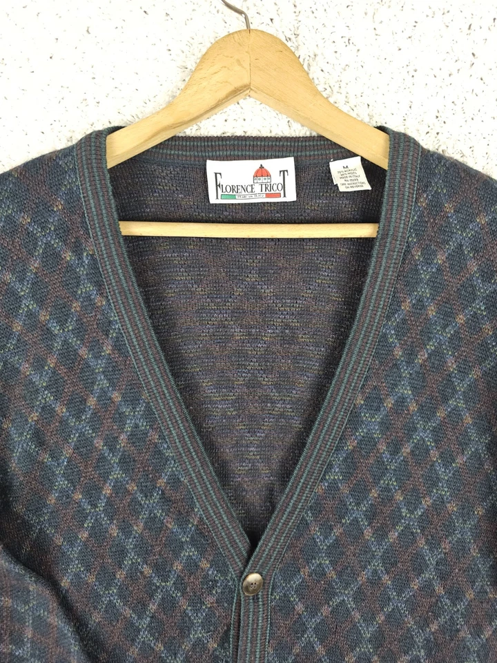 Cárdigan Suéter Vintage Florencia Tricot Mediano Argyle Mezcla Lana Italia Abuelo Foto 3 de 4
