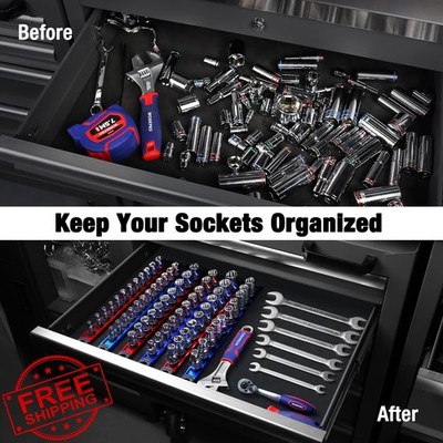 WORKPRO 3/8'' Drive Magnetic Socket Organizer Blue Aluminum Alloy Rail 10 Clips