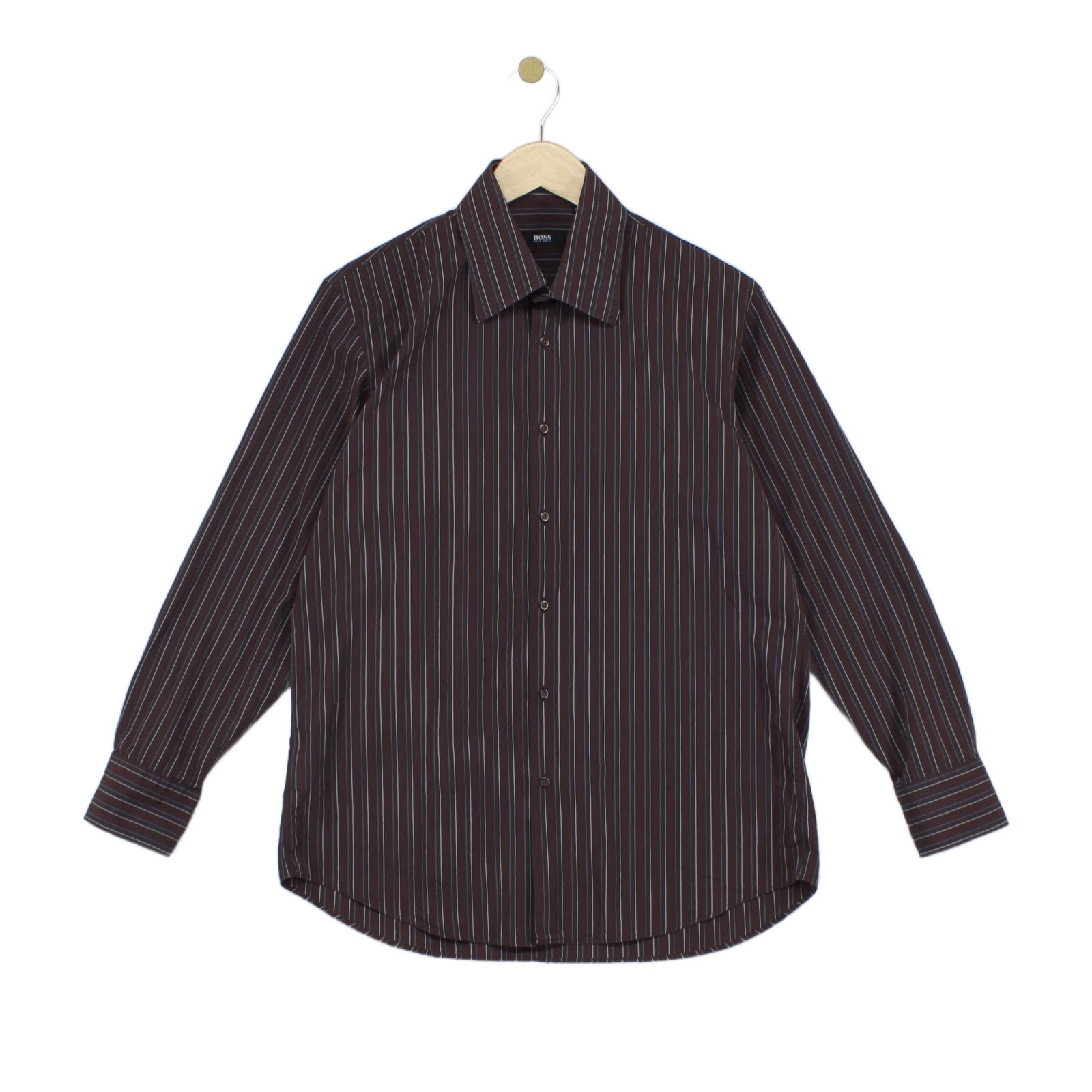 Vintage Hugo Boss Striped Shirt Mens Size 16 Brown Long Sleeve Formal