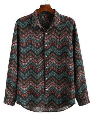 Rakht-101 Long Sleeve Shirt 2XL-3XL Wave Pattern Multicolor Retro Style