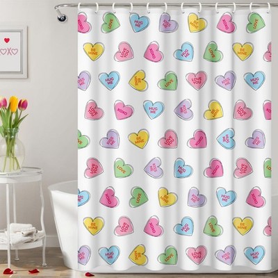 Valentines Shower Curtain, Valentines Day Decor Hand-Painted Candy Heart Shap...