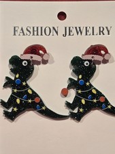 Christmas Dinosaur Trex Santa Hat Earrings