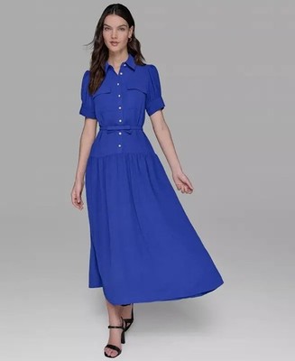 Karl Lagerfeld Paris Belted Puff-Sleeve Midi Shirtdress Women's 4 Royal Blue