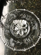 VTG Handled Glass Clear Floral Etched Serving Dish Plate Sandwich Tidbit Tray