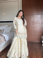 Ivory Chinon Sharara Suit Indian Pakistani Festive Sequence Cyan Dupatta