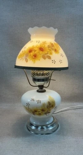 Milk Glass Painted Flowers Hurricane Parlor  Table Lamp Aporox 15.5 Inch Tall