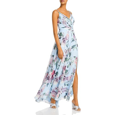 #ad Aqua Womens Blue Floral Pleated V Neck Slit Evening Dress Gown 8 BHFO 5777 $40.99