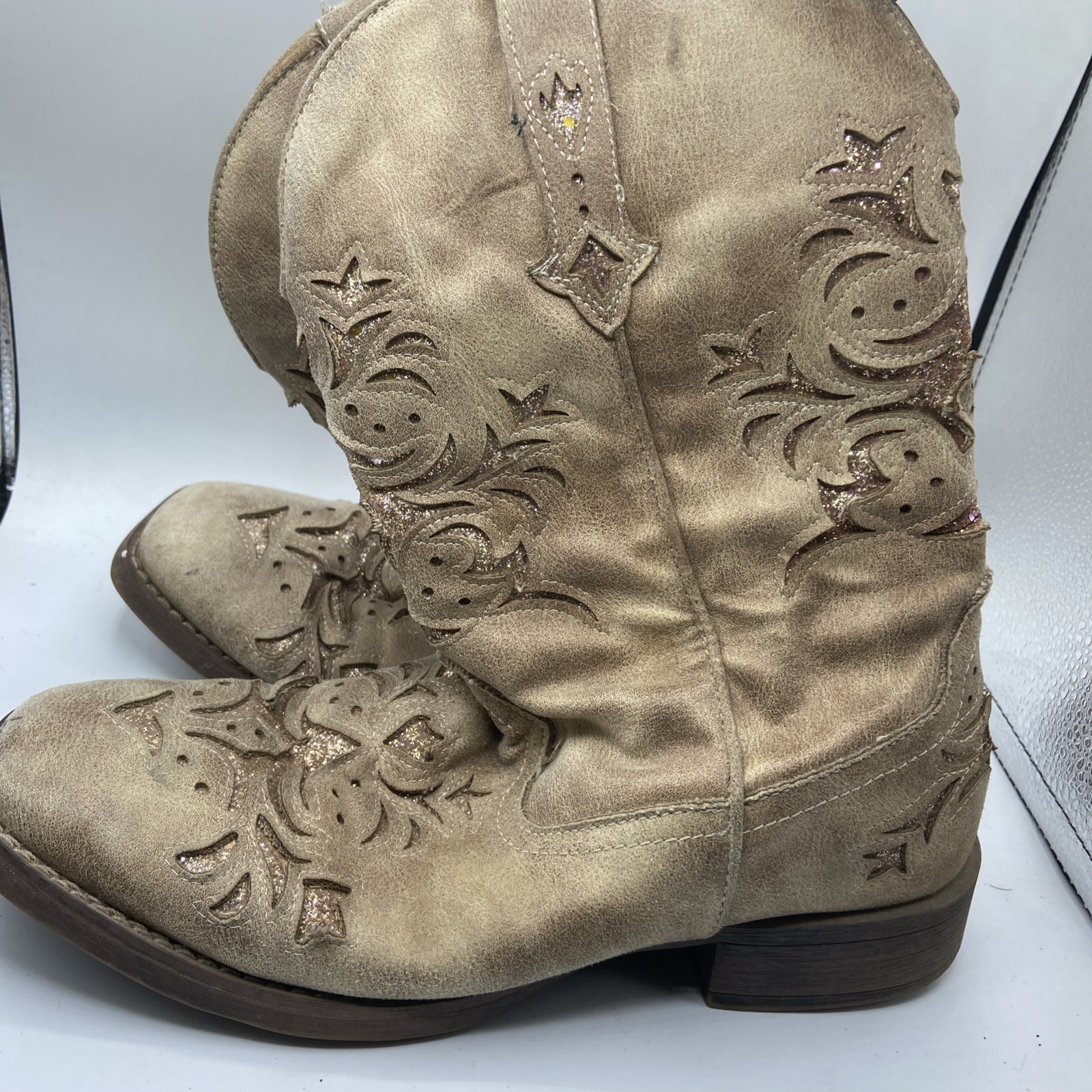 Roper Kennedy Glitter Tooled Inlay Square Toe Cowboy Boots Womens Sz 10 Beige