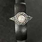 Vintage Signed Sterling Silver Marcasite and Genuine Pearl Ring, Size 6