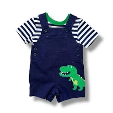 Carters Dinosaur Shortall Set Baby Boys 6M Navy Stripe Tee Two Piece Outfit Cute