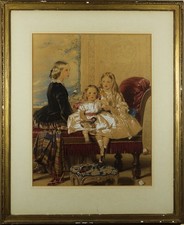 Large Watercolour Painting "In the Nursery" 1859 - Signed C. J. Basebe