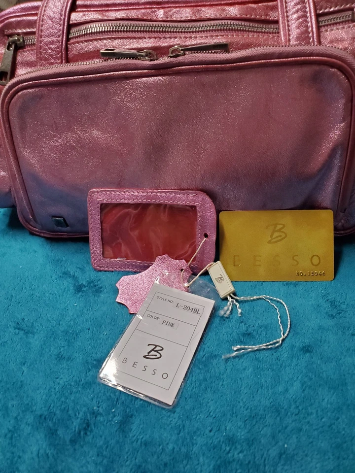 BESSO Rosa Metálico Suave Cuero Italiano Motocicleta Bolso Cartera AUTÉNTICO Y2K Foto 3 de 4