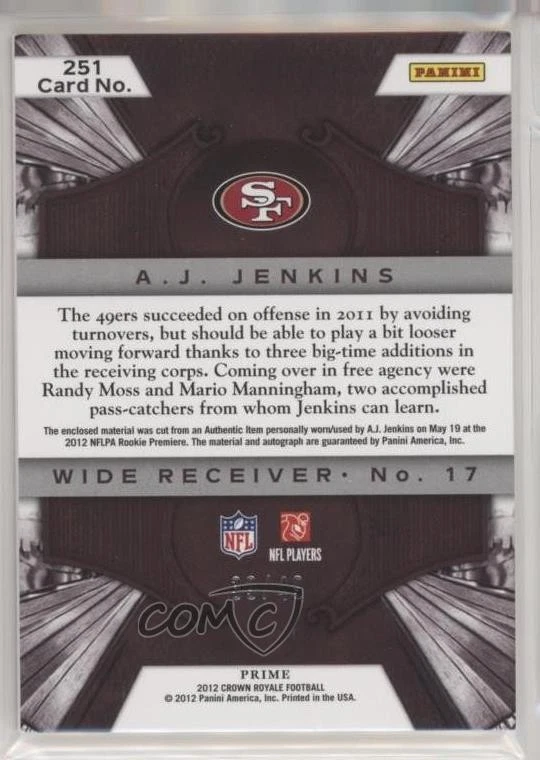 2012 Crown Royale Green /49 AJ Jenkins #251 Rookie Auto RC - Image 2 of 2