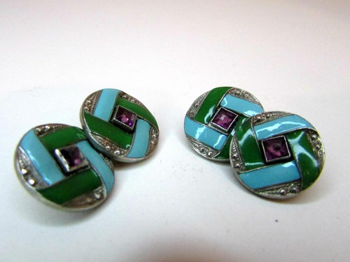 ANTIQUE ART DECO SILVERPLATE ENAMEL RHINSTONE DOUBLE CUFFLINKS - Picture 4 of 5