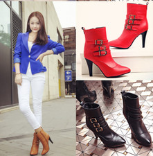 Women Stiletto Heel Pump Boots Pu Leather Ankle Boots Metal Buckle Shoes Zipper