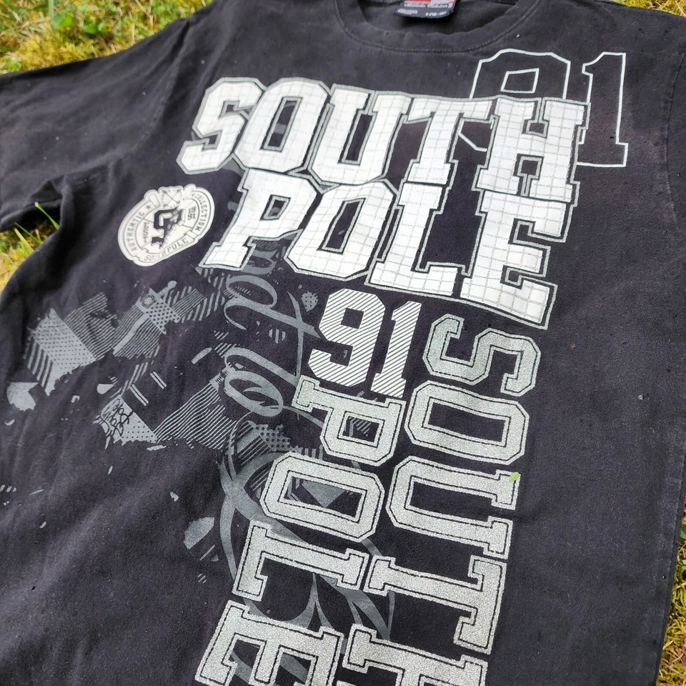 Vtg Southpole Y2k T Shirt Black Distressed Sz Boys 16-18 Streetwear Skater Tee - Image 2 of 4