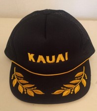 Vtg KAUAI Hawaiian Headwear Gold Leaf Rope Hat Snapback Mesh Trucker Cap Black