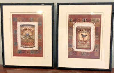 2 Folk Art Framed Prints Green Tea And Oatmeal Advertisements Farmhouse Kitchen