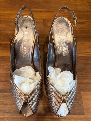 BRUNO MAGLI For Neiman Marcus Peep Toe Sling Back Heels Pumps Metallic SIZE 9B - Picture 10 of 14