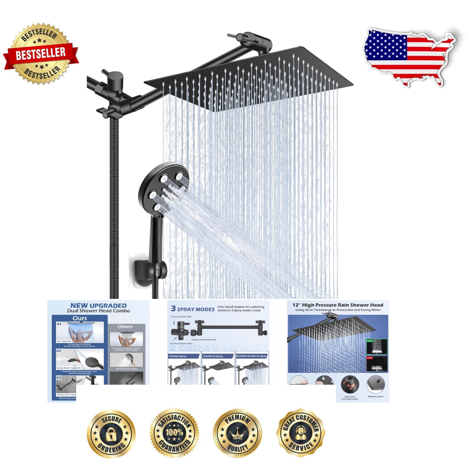 Luxury 12'' Rain Shower Head with Handheld Feature - Polished Black Finish