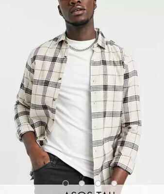 ASOS ASOS DESIGN Tall regular fit check shirt in Ecru Size M B25