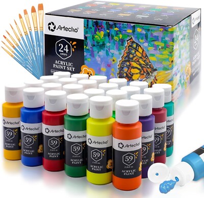Acrylfarbe 34 Stk. Künstler Set   24 x 59ml Wasserfest Acrylfarben mit 10 Pinsel