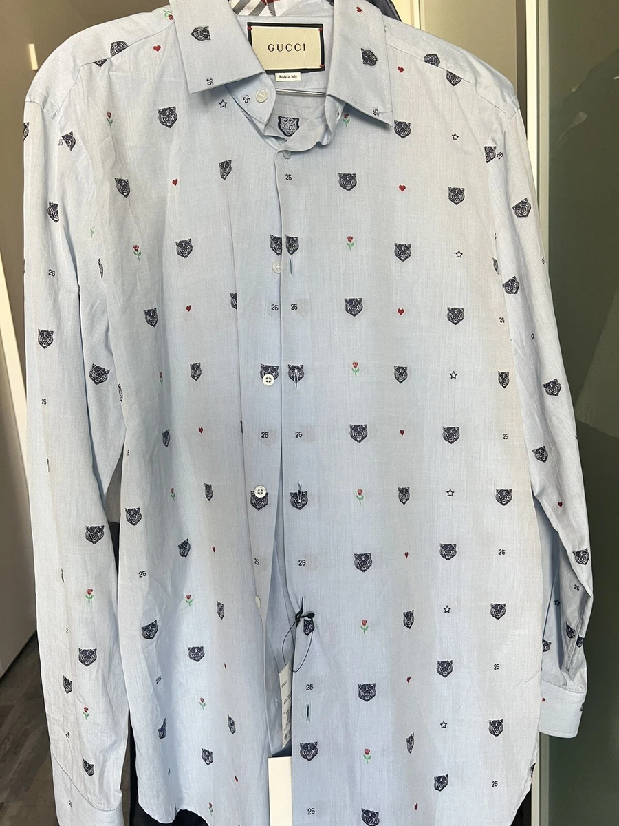 Gucci Sky Blue Tiger Head Dress Shirt