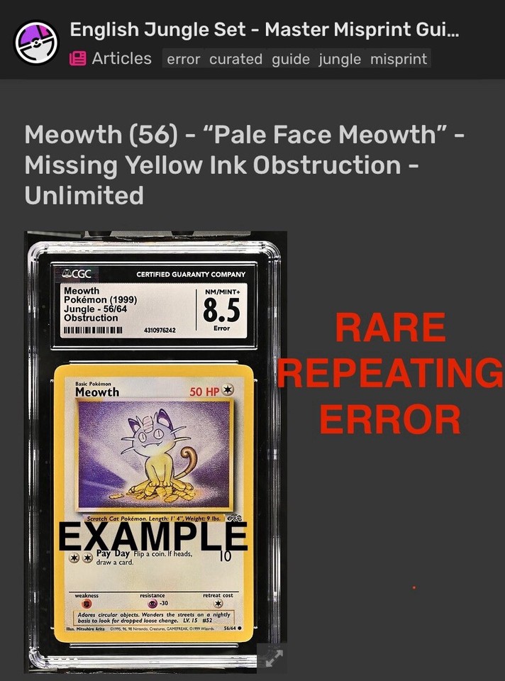 ⭐️🐈⭐️ERROR Meowth - Ink Obstruction - 56/64 Jungle Pokémon Card⭐️🐈⭐️ | eBay
