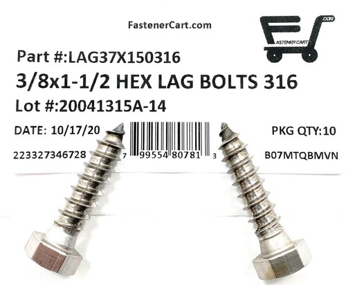 (10) 3/8 x 1-1/2 316 Stainless Steel Hex Head Lag Bolts Lag Screws MARINE GRADE - Picture 2 of 5