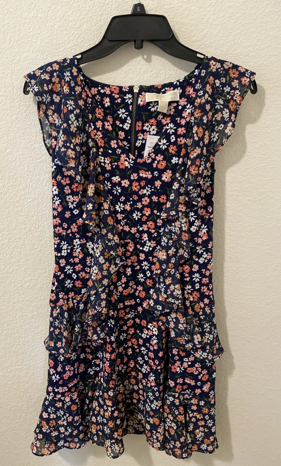 Abito Michael Kors nuovo corallo pesca floreale con volant taglia petite small