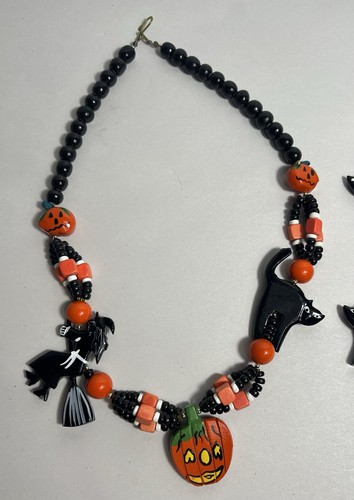 Collar de Halloween artesanal vintage colgantes de madera pendientes gato calabaza - Imagen 2 de 8