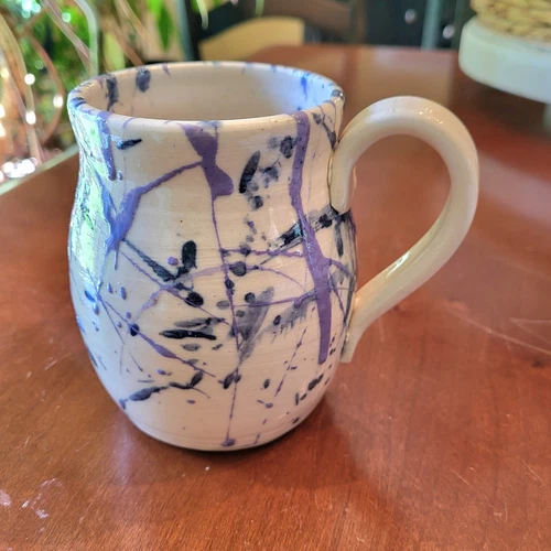 Pottery Thrown Mug 12oz Coffee Tea  Blue White Purple Signed Potters Mark 1990