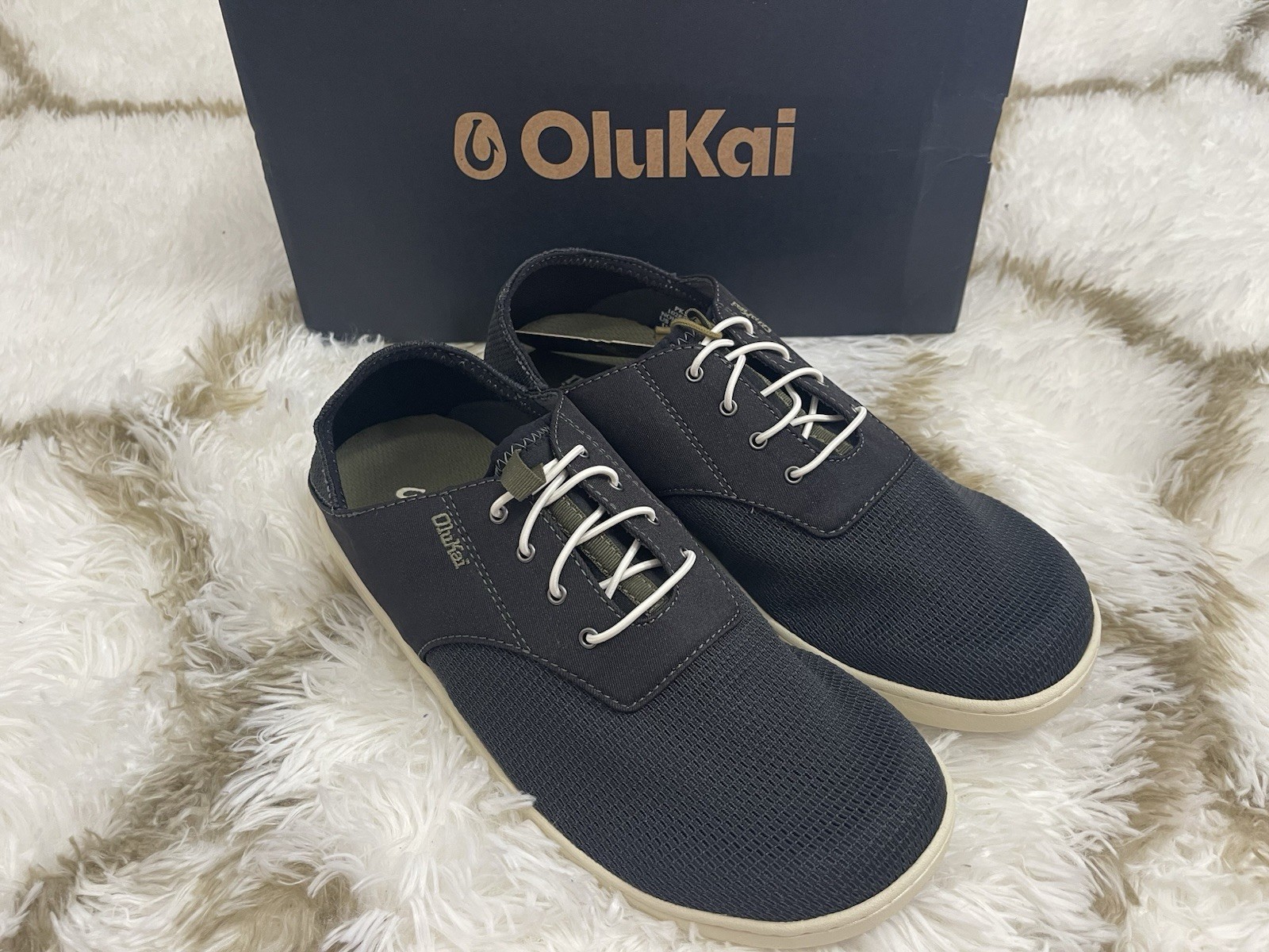 Olukai Nohea Moku Mens Slip-On Boat Shoes Size 10 Black Breathable Comfort