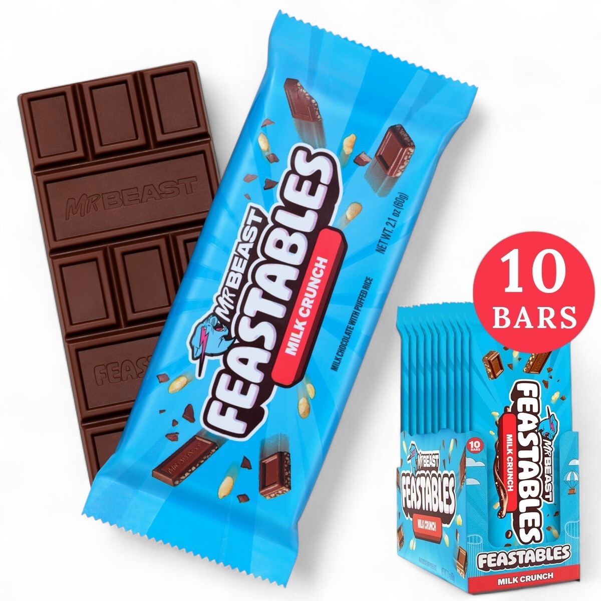 10 x Feastables MrBeast Milk Crunch Chocolate Bars with Puffed Rice – (60g  Each) | eBay UK