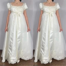 Satin Wedding Dress Short Sleeve Embroidery Flower Victorian Regency Bridal Gown