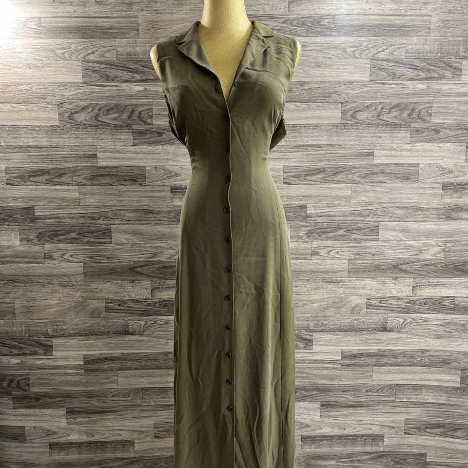 RALPH LAUREN Button Up Sleeveless Green Silk Maxi Shirt Dress Women's Size 16 - Image 2 of 4