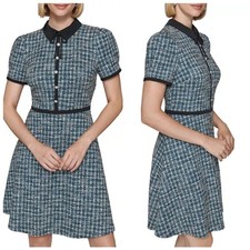 NEW KARL LAGERFELD Paris Tweed Boucle A Line Dress Sz 12 Crystal Teal Luxury
