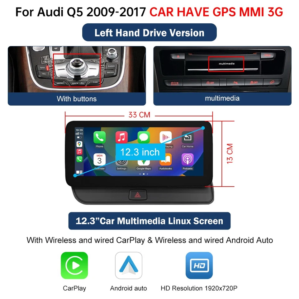 12.3' Wireless Carplay For Audi Q5 SQ5 Stereo Multimedia TouchScreen Autoradio — 第 3/4 张图片