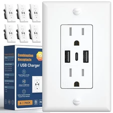 Amico 6.0A USB Outlet 6 Pack, 3-Port 30W Wall Outlets with 2 Type A & 1 Type C, 