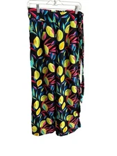 Tabitha Brown Elastic Back Linen Pants Lemon Print Wide Leg Belt Size