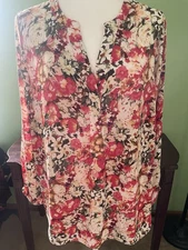 Tahari Women's Floral Blouse Multicolor Long Sleeve V-Neck Size 2X
