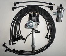 SMALL BLOCK CHEVY BLACK Cap HEI Distributor +COIL+SPARK PLUG WIRES under exhaust