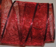 Wired Ribbon Red Sheer Red Sparkle Holly Vine Christmas Wreath Holiday Craft Bow