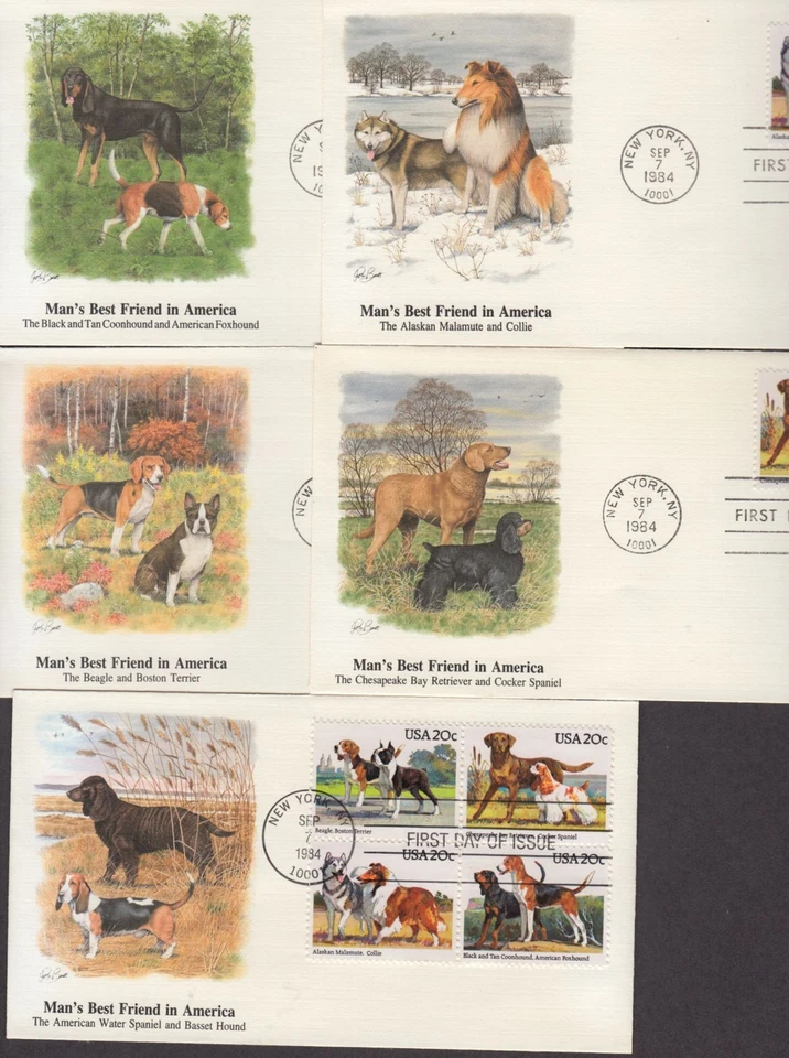 1984 DOGS 8 breeds FDCs Sc 2098-2101a set of 5 premium Fleetwood cachets - Image 2 of 3
