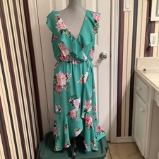 Socialite Ruffle Trim Wrap sleeveless Dress Green pink floral MEDIUM