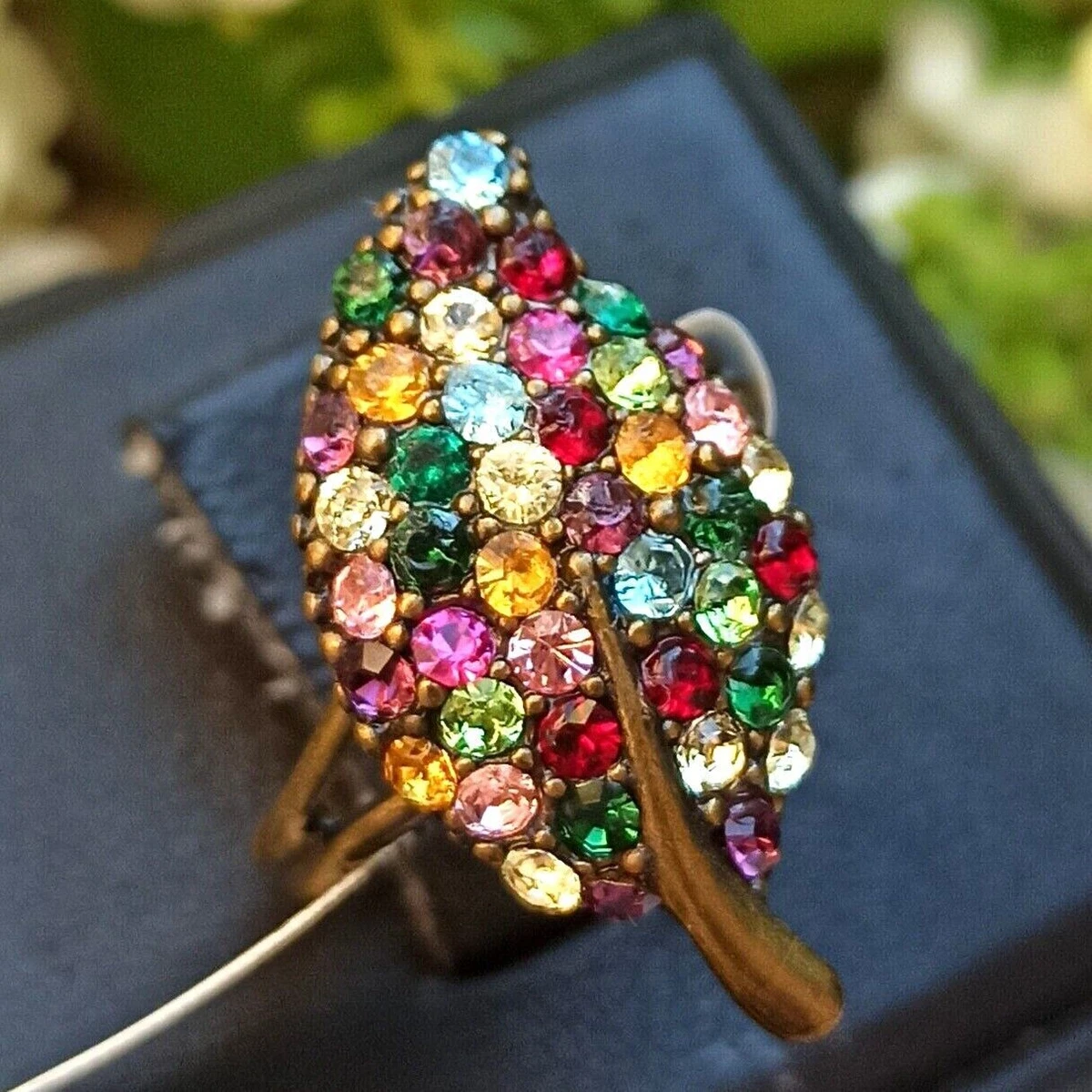 Michael Negrin Ring Leaf Colorful Swarovski Crystal Adjustable Gift Box New