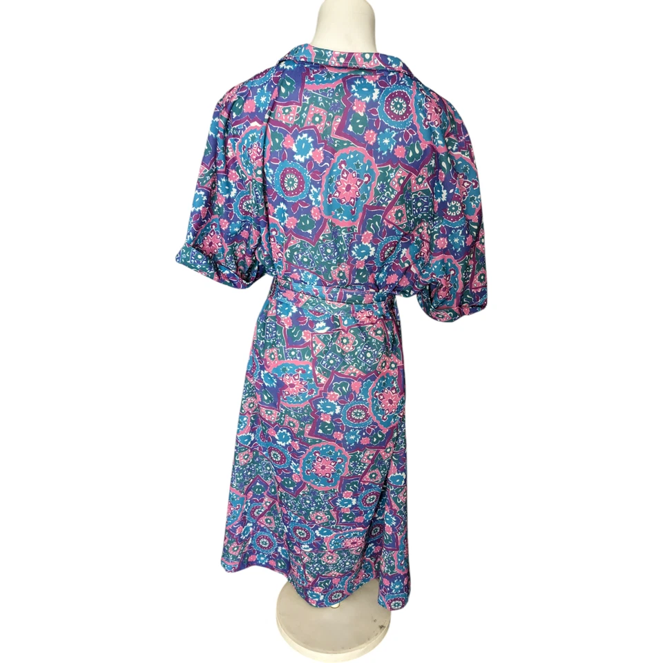 Vintage 70s Purple & Pink Geometric Collared Short Sleeve Belt Shirt Dress Sz 18 - image 2 of 4