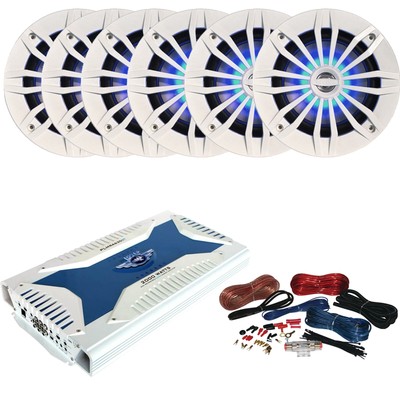 6x Enrock 6.5'' 180W Max Power Blue LED Marine Speakers, 6-CH Amplifier W/Kit
